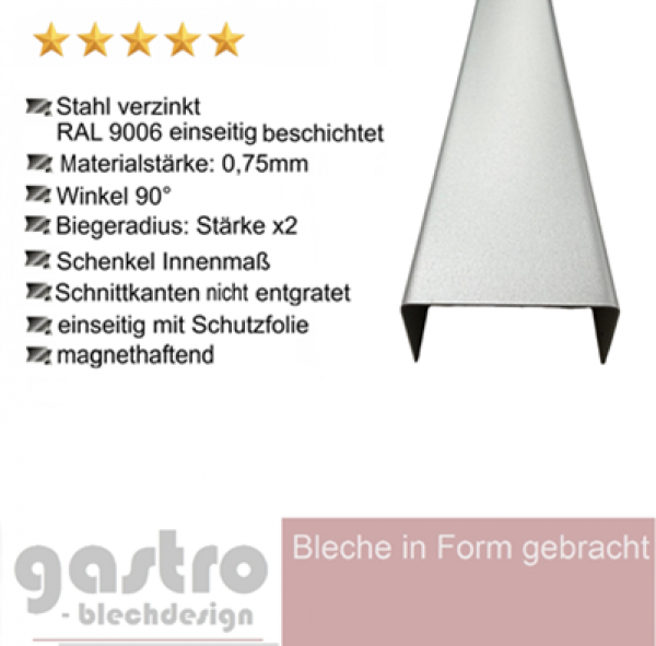 U-Profil aus Stahl verzinkt RAL9006 Weißaluminium 0,75 mm glatt